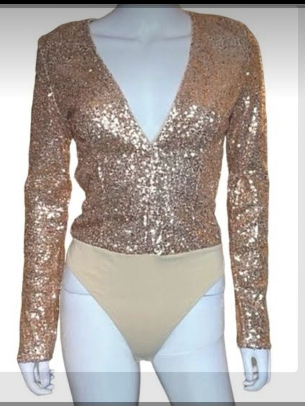 Rehab Rose Gold Sequin Long Sleeve V-Neck Bodysuit